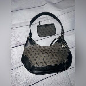 Dooney & Bourke Vintage Black and Gray Leather Logo Fabric Hobo Bag w/wallet.